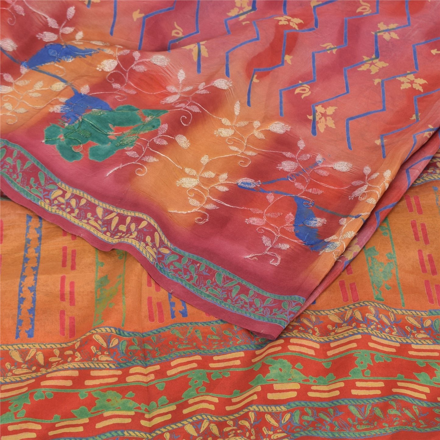 Sanskriti Vintage Sarees Embroidered Pure Crepe Silk Print Sari 5yd Craft Sustainable Fabric