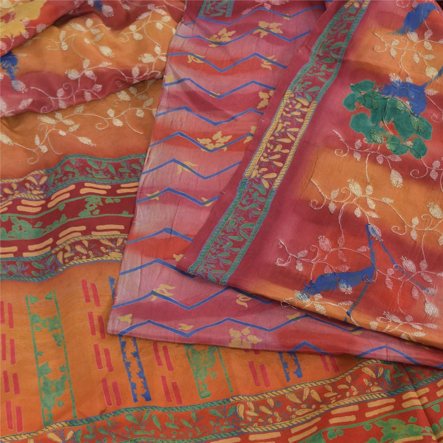 Sanskriti Vintage Sarees Embroidered Pure Crepe Silk Print Sari 5yd Craft Sustainable Fabric