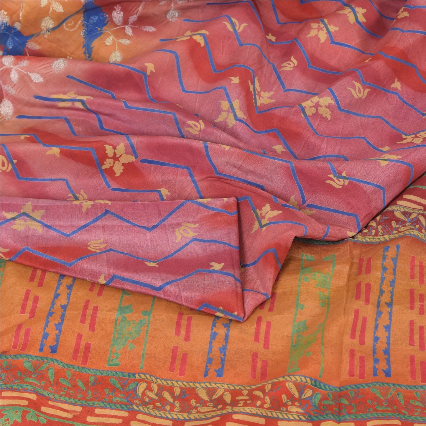Sanskriti Vintage Sarees Embroidered Pure Crepe Silk Print Sari 5yd Craft Sustainable Fabric