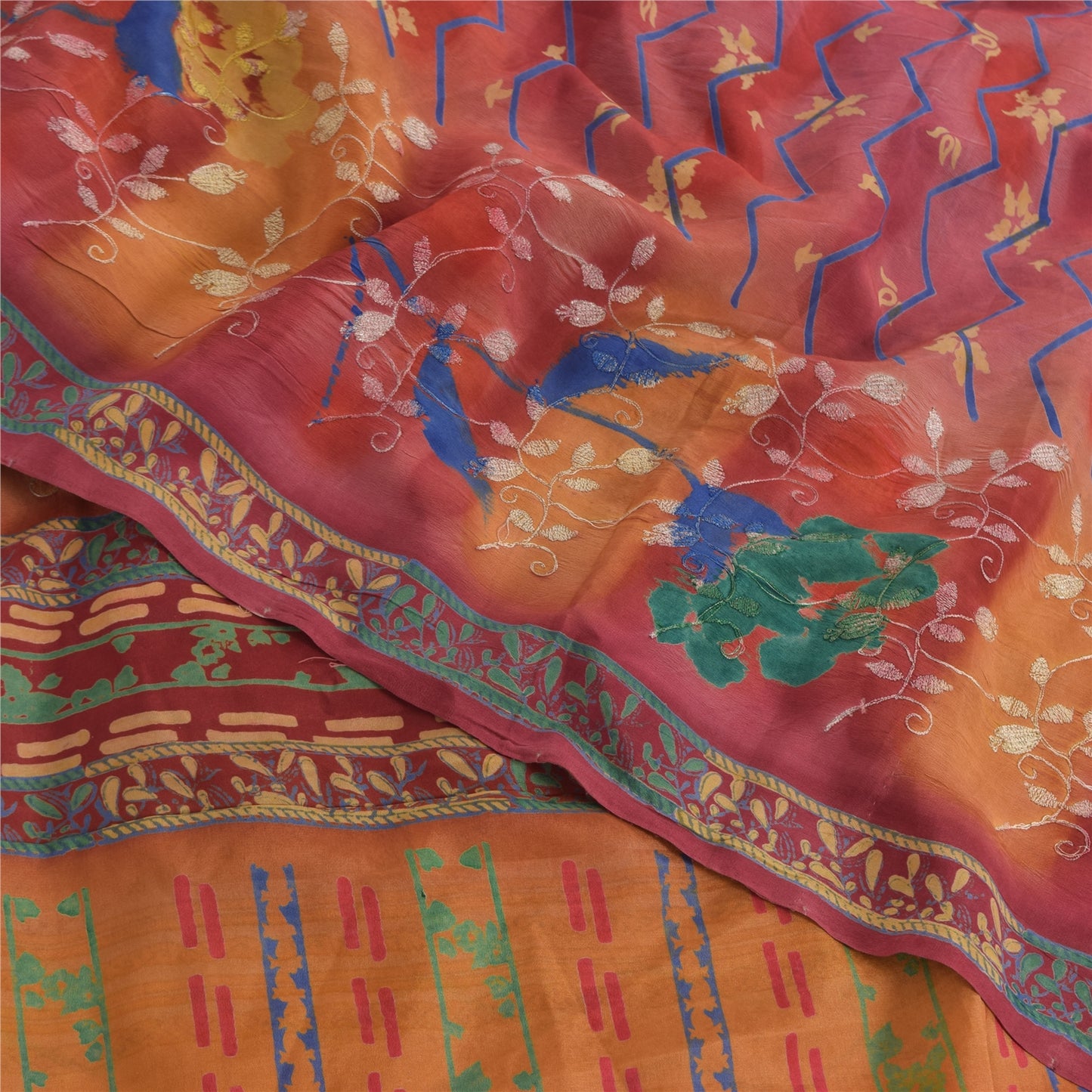 Sanskriti Vintage Sarees Embroidered Pure Crepe Silk Print Sari 5yd Craft Sustainable Fabric