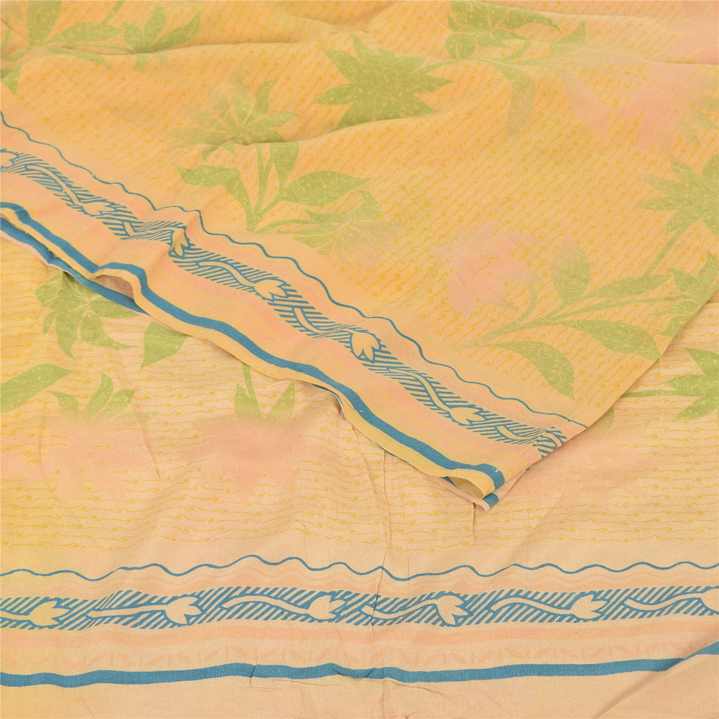 Sanskriti Vintage Sarees Peach Pure Crepe Silk Printed Sari 5+yd Craft Fabric