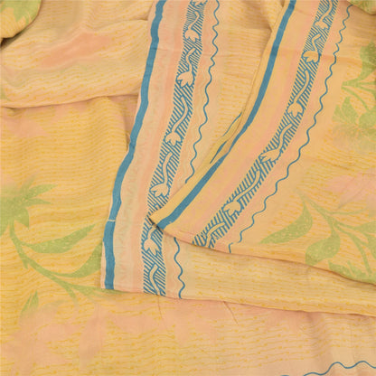 Sanskriti Vintage Sarees Peach Pure Crepe Silk Printed Sari 5+yd Craft Fabric
