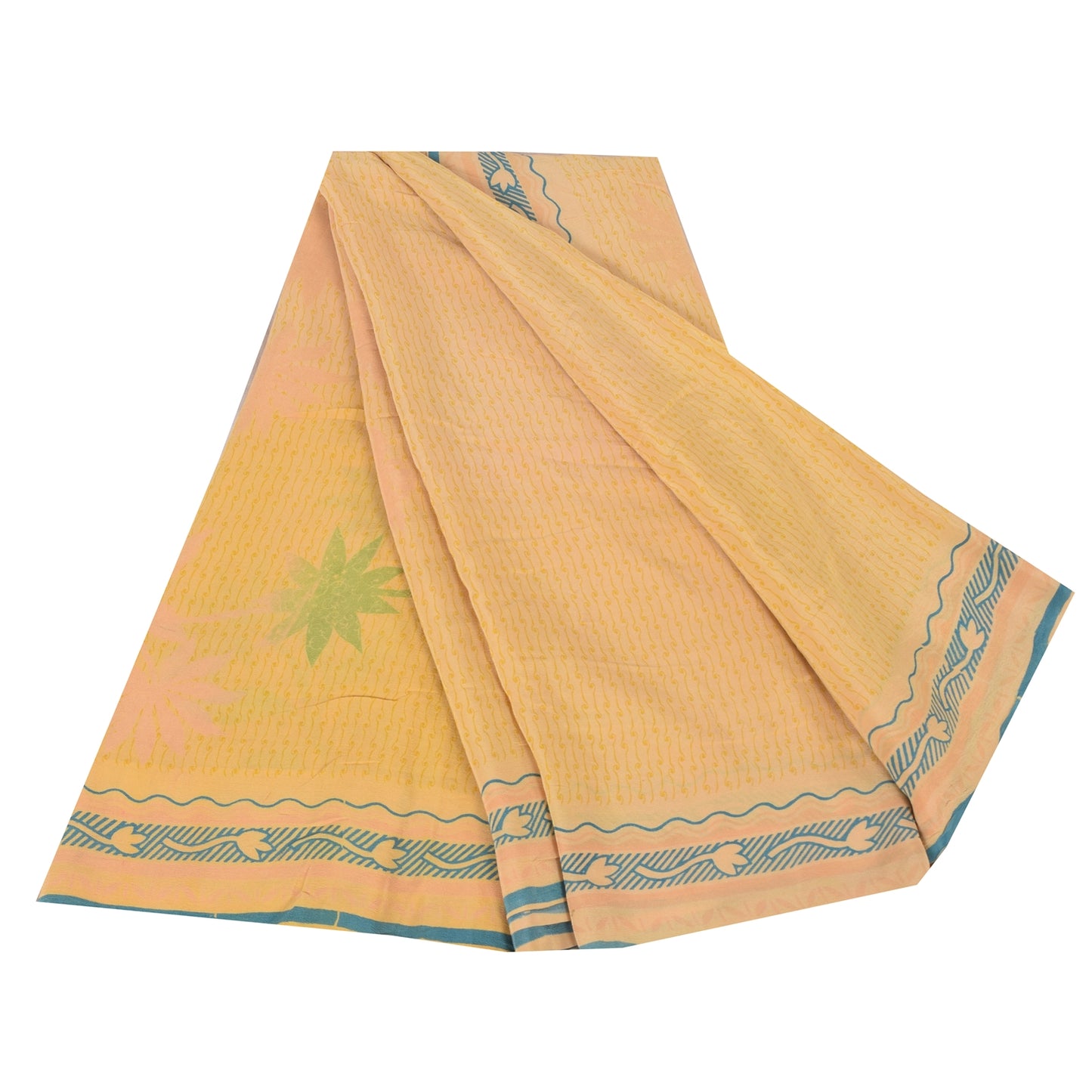 Sanskriti Vintage Sarees Peach Pure Crepe Silk Printed Sari 5+yd Craft Fabric