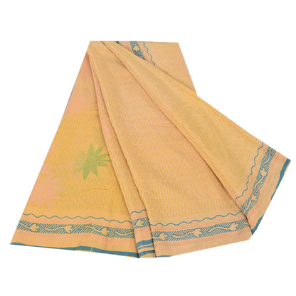 Sanskriti Vintage Sarees Peach Pure Crepe Silk Printed Sari 5+yd Craft Fabric