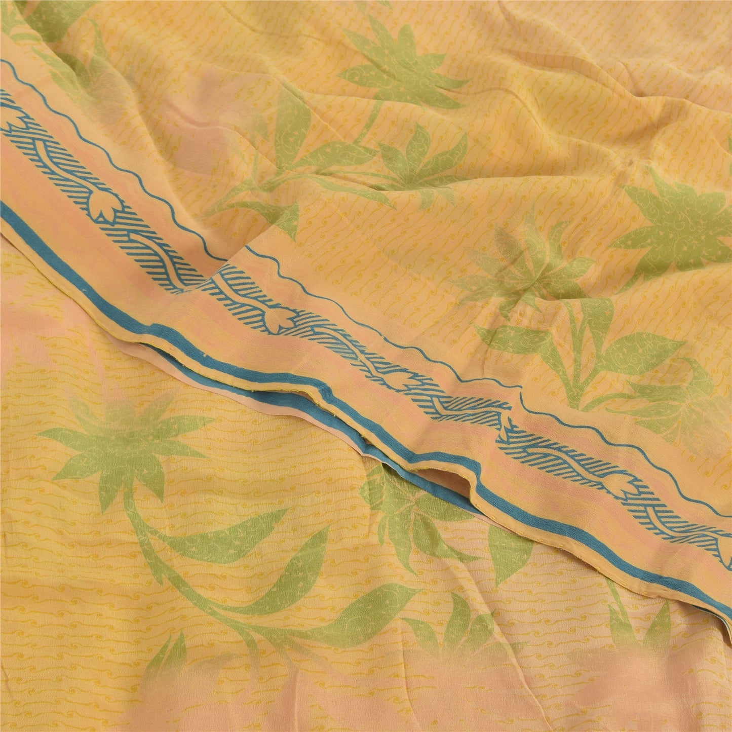 Sanskriti Vintage Sarees Peach Pure Crepe Silk Printed Sari 5+yd Craft Fabric