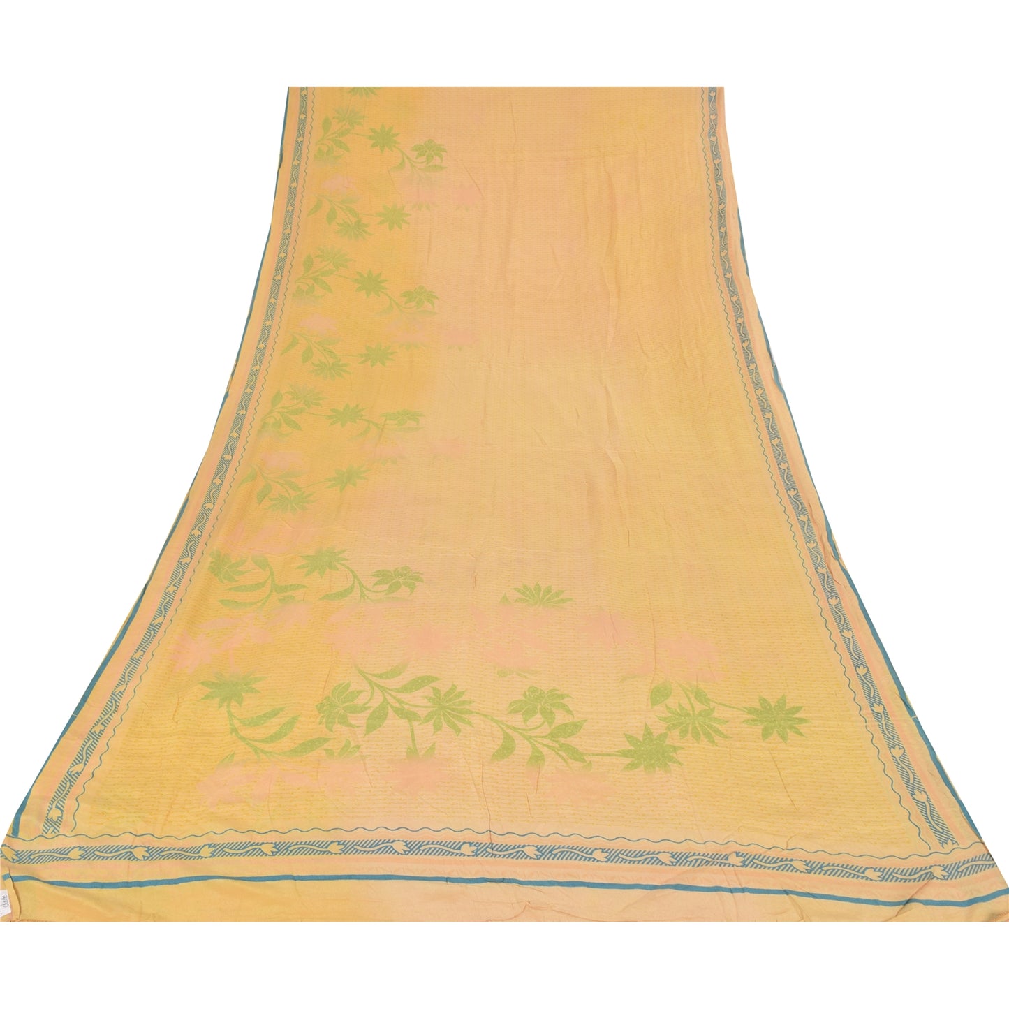 Sanskriti Vintage Sarees Peach Pure Crepe Silk Printed Sari 5+yd Craft Fabric