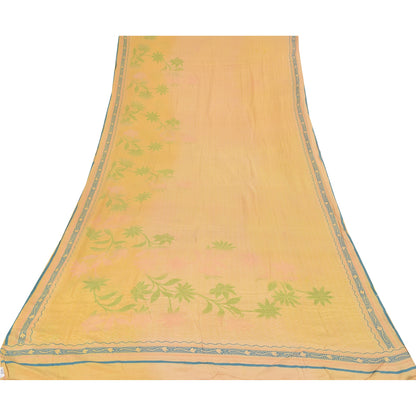 Sanskriti Vintage Sarees Peach Pure Crepe Silk Printed Sari 5+yd Craft Fabric