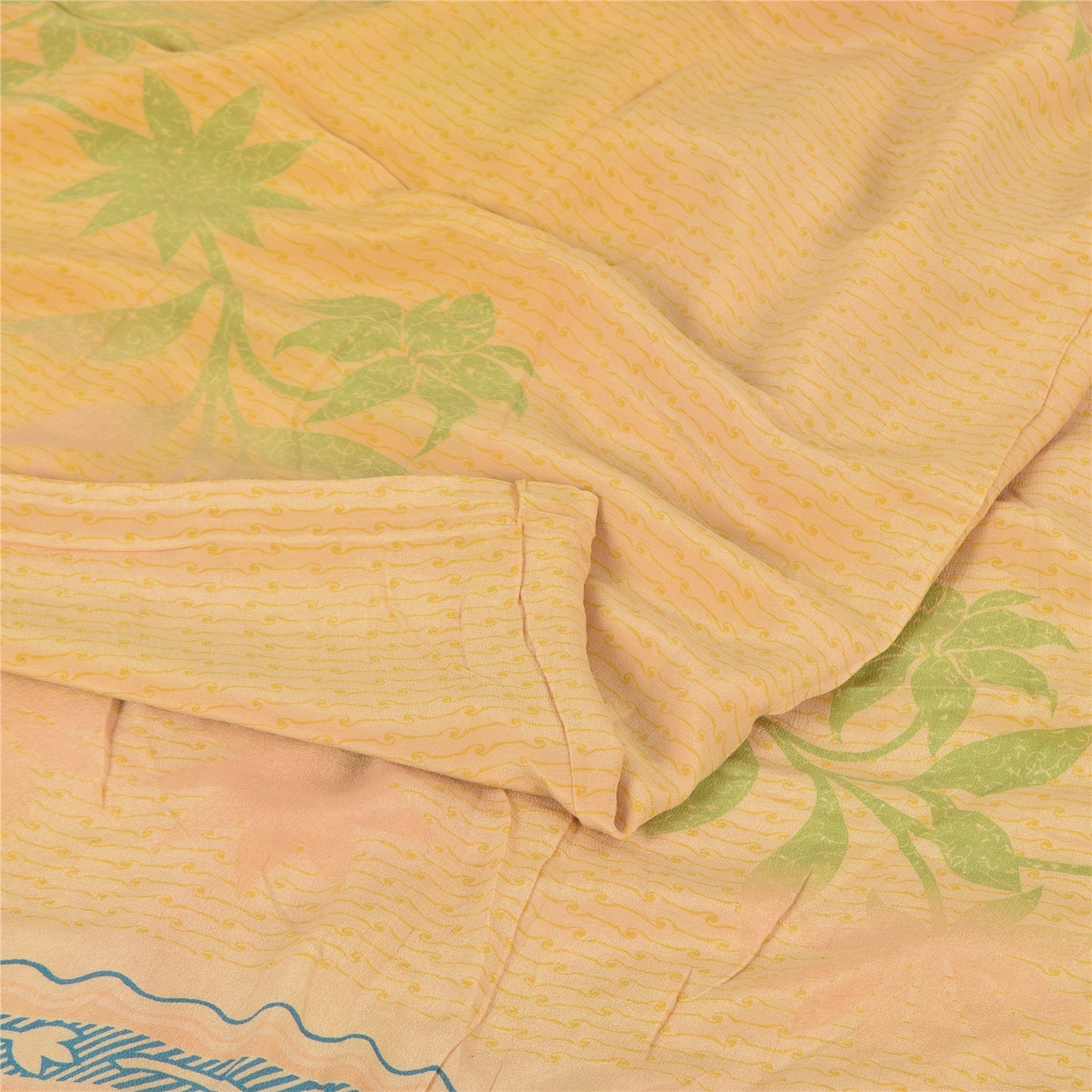 Sanskriti Vintage Sarees Peach Pure Crepe Silk Printed Sari 5+yd Craft Fabric