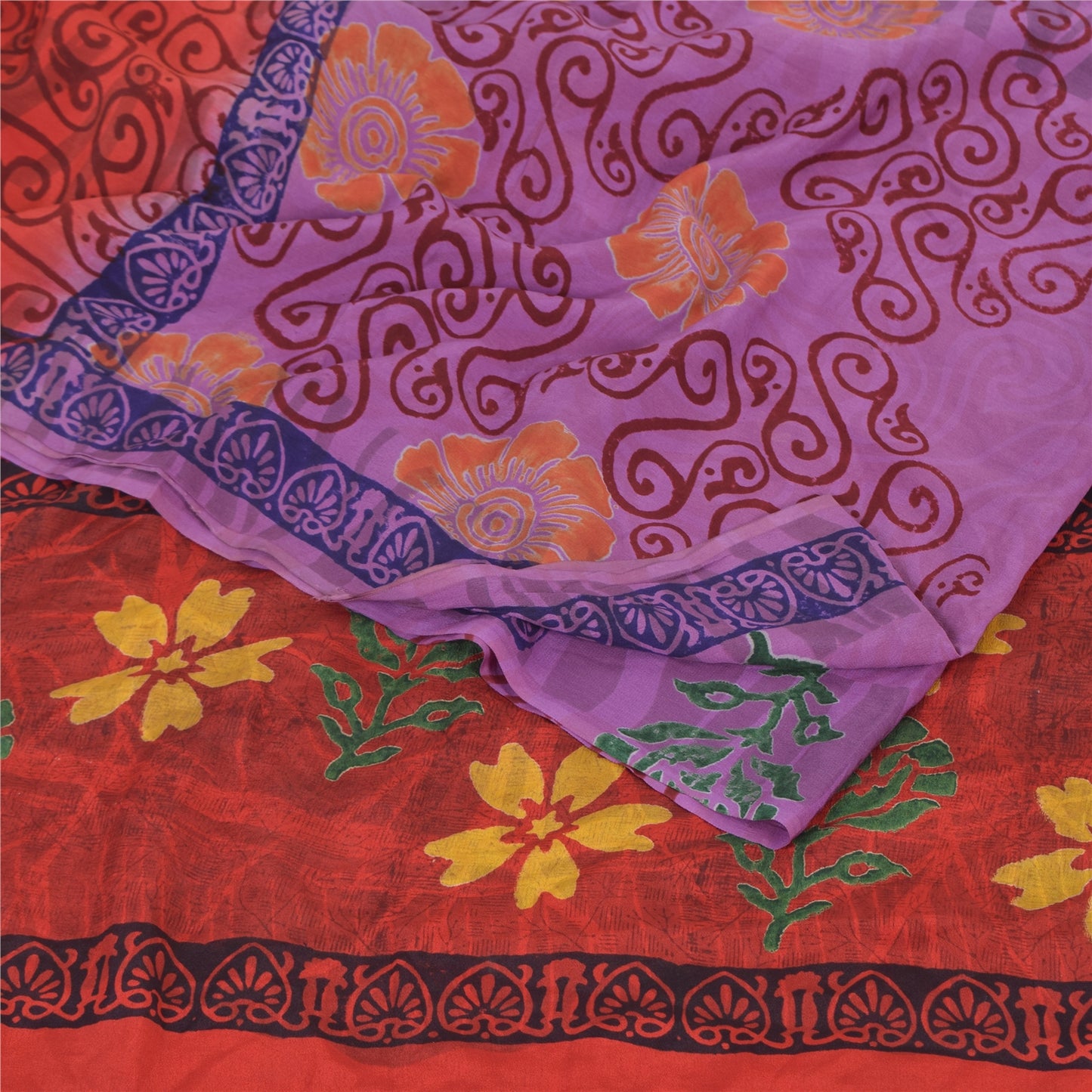 Sanskriti Vintage Sarees Purple Hand Block Pure Crepe Printed Sari Craft Sustainable Fabric