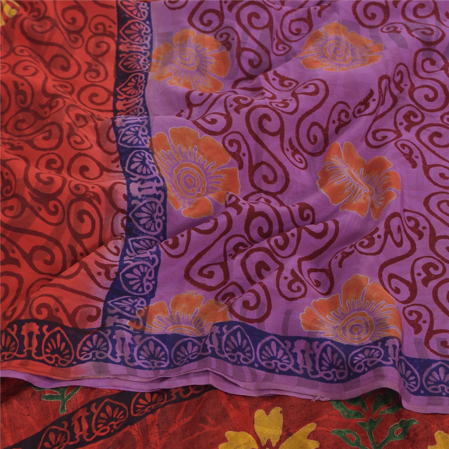 Sanskriti Vintage Sarees Purple Hand Block Pure Crepe Printed Sari Craft Sustainable Fabric