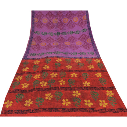 Sanskriti Vintage Sarees Purple Hand Block Pure Crepe Printed Sari Craft Sustainable Fabric
