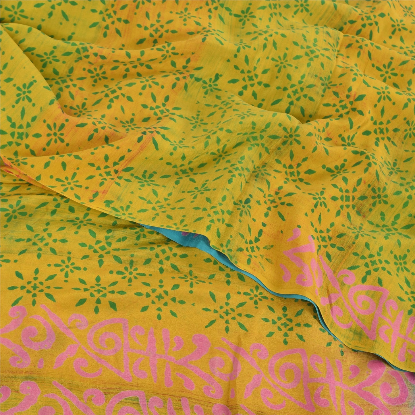 Sanskriti Vintage Sarees Blue/Green Pure Crepe Silk Print Sari 5yd Craft Sustainable Fabric