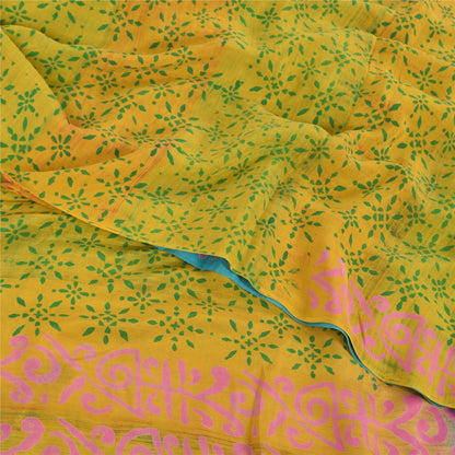 Sanskriti Vintage Sarees Blue/Green Pure Crepe Silk Print Sari 5yd Craft Sustainable Fabric