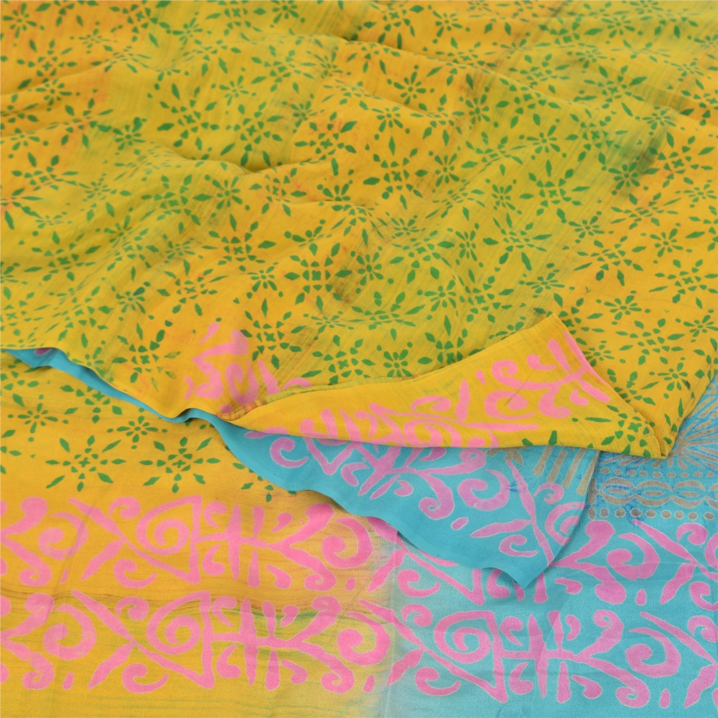 Sanskriti Vintage Sarees Blue/Green Pure Crepe Silk Print Sari 5yd Craft Sustainable Fabric