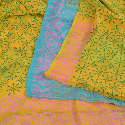 Sanskriti Vintage Sarees Blue/Green Pure Crepe Silk Print Sari 5yd Craft Sustainable Fabric