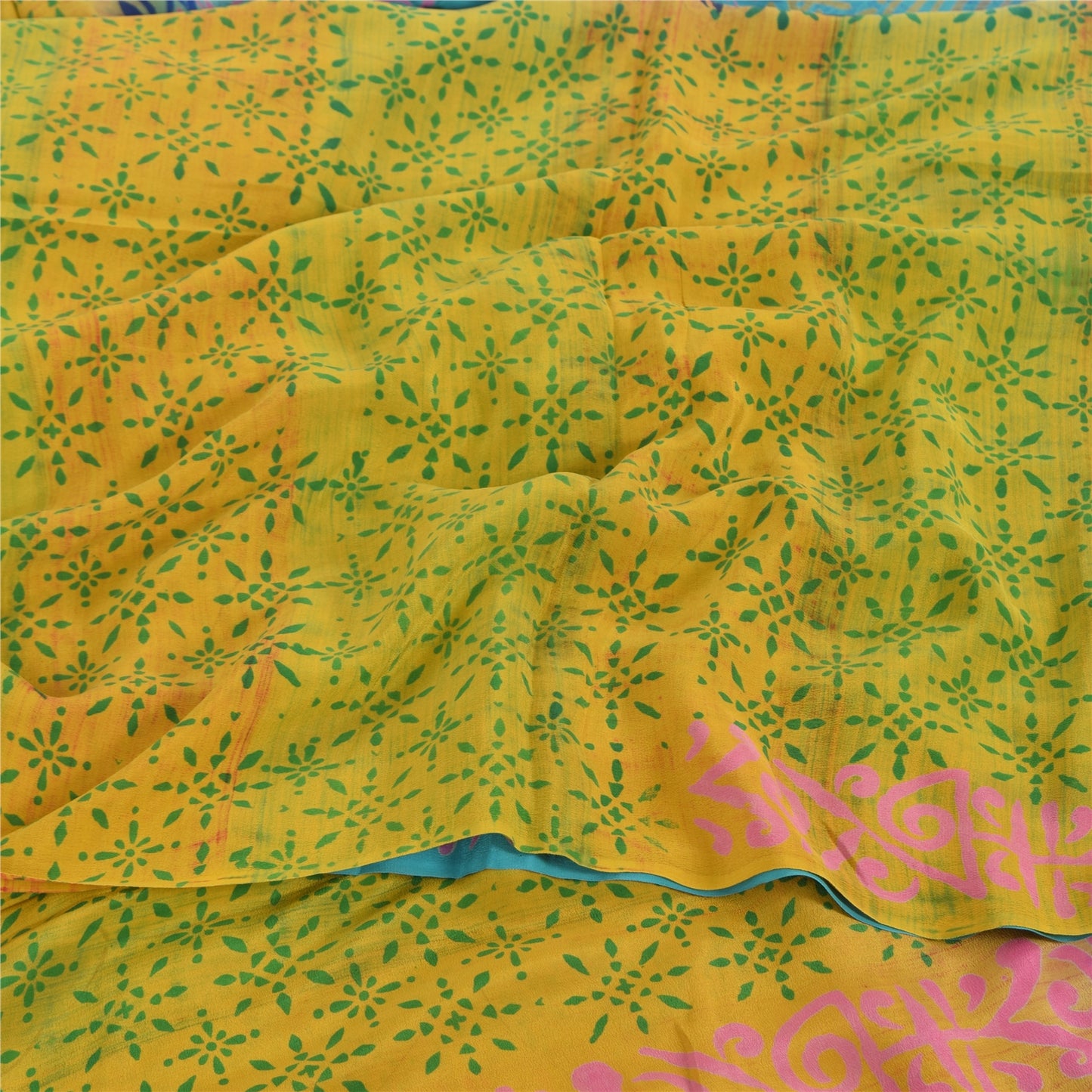 Sanskriti Vintage Sarees Blue/Green Pure Crepe Silk Print Sari 5yd Craft Sustainable Fabric