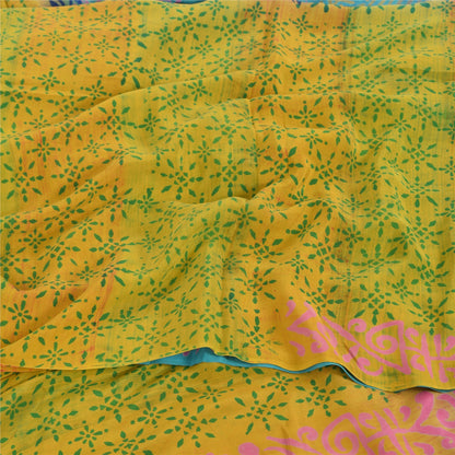 Sanskriti Vintage Sarees Blue/Green Pure Crepe Silk Print Sari 5yd Craft Sustainable Fabric