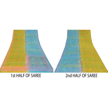 Sanskriti Vintage Sarees Blue/Green Pure Crepe Silk Print Sari 5yd Craft Sustainable Fabric