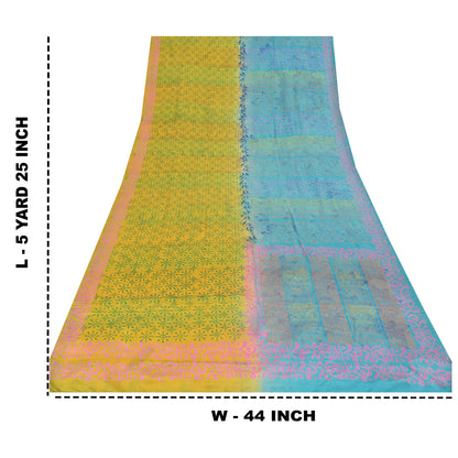 Sanskriti Vintage Sarees Blue/Green Pure Crepe Silk Print Sari 5yd Craft Sustainable Fabric