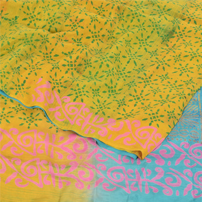 Sanskriti Vintage Sarees Blue/Green Pure Crepe Silk Print Sari 5yd Craft Sustainable Fabric