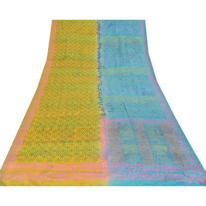 Sanskriti Vintage Sarees Blue/Green Pure Crepe Silk Print Sari 5yd Craft Sustainable Fabric