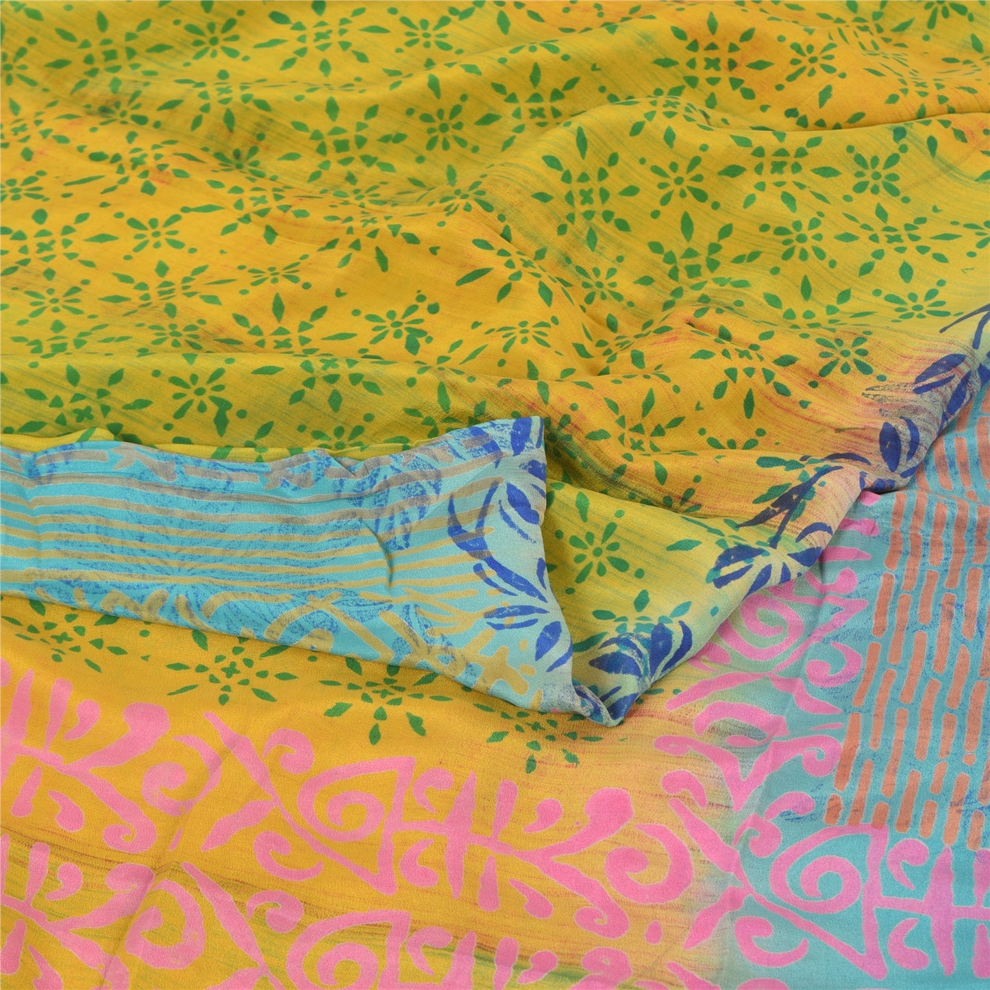 Sanskriti Vintage Sarees Blue/Green Pure Crepe Silk Print Sari 5yd Craft Sustainable Fabric