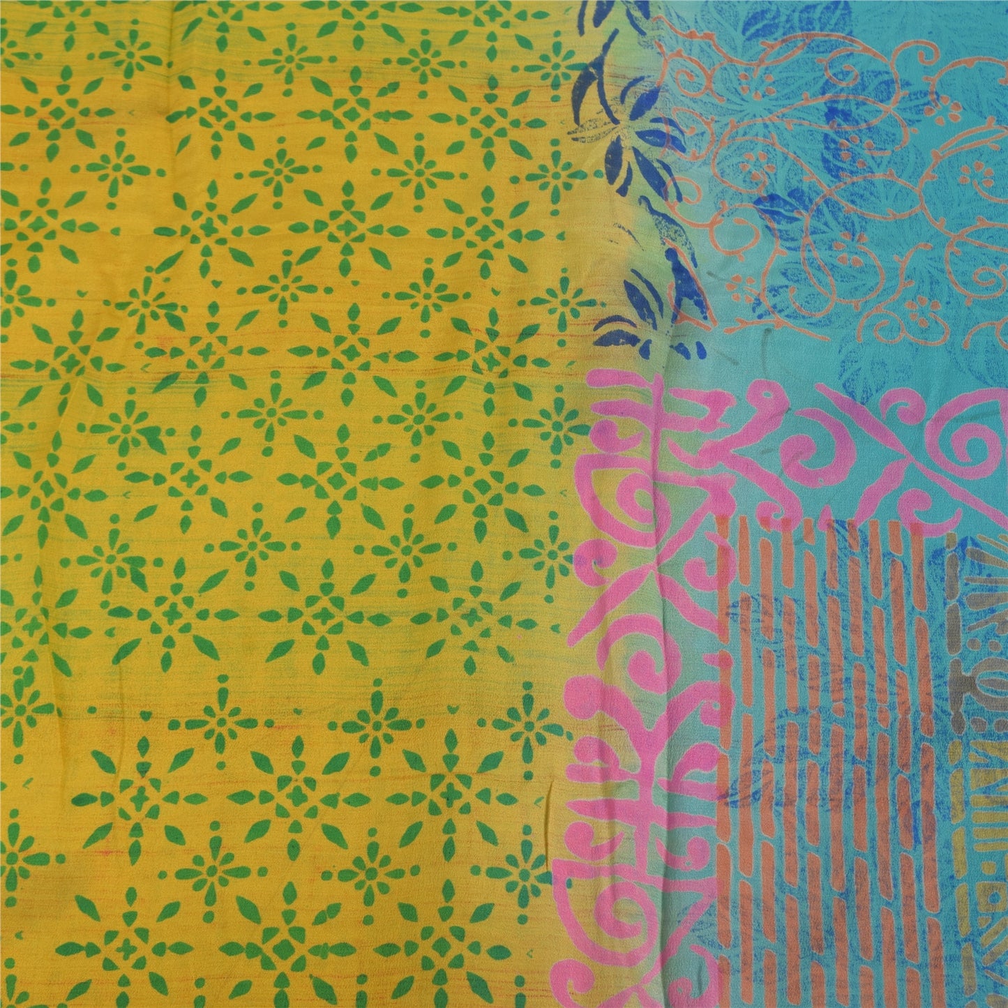 Sanskriti Vintage Sarees Blue/Green Pure Crepe Silk Print Sari 5yd Craft Sustainable Fabric