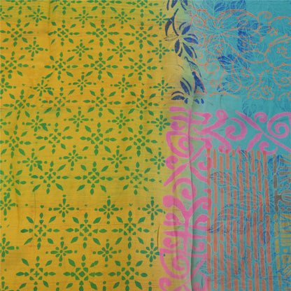 Sanskriti Vintage Sarees Blue/Green Pure Crepe Silk Print Sari 5yd Craft Sustainable Fabric