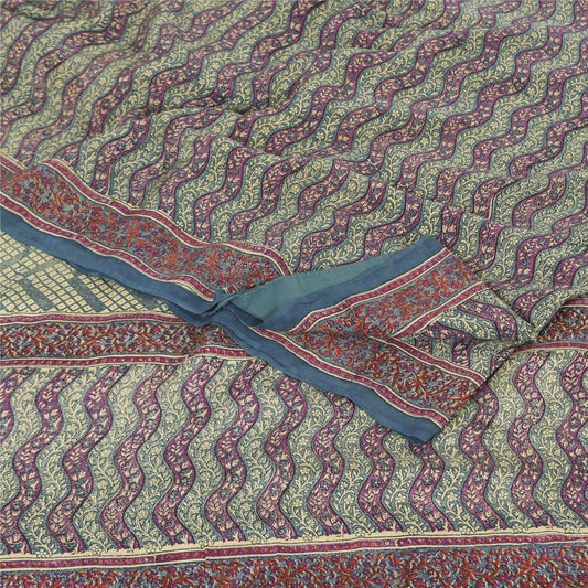 Sanskriti Vintage Sarees Gray/Purple Pure Crepe Silk Printed Sari Craft Sustainable Fabric