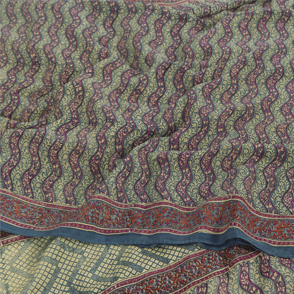 Sanskriti Vintage Sarees Gray/Purple Pure Crepe Silk Printed Sari Craft Sustainable Fabric