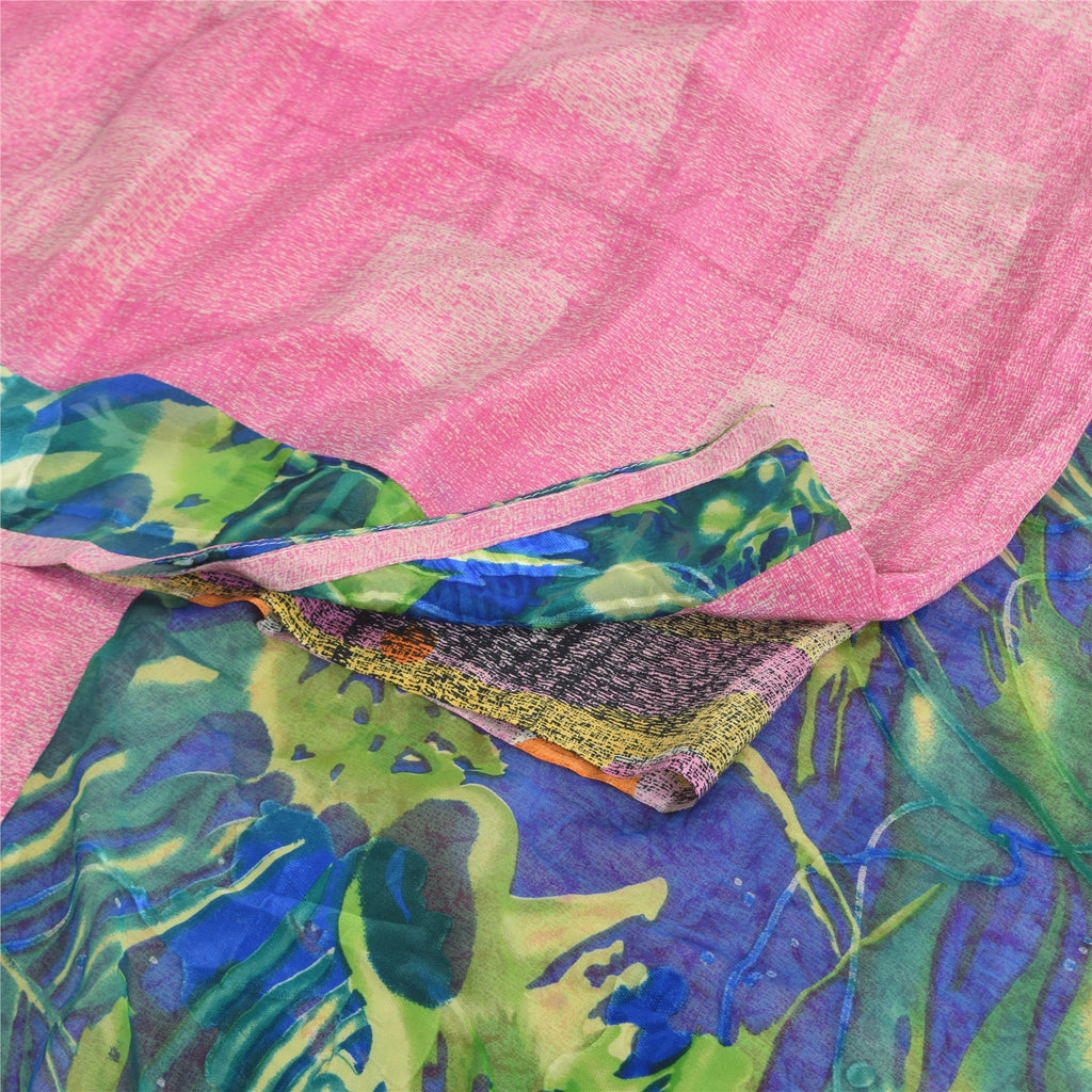 Sanskriti Vintage Sarees Pink 100% Pure Crepe Silk Printed Sari 6yd Craft Sustainable Fabric