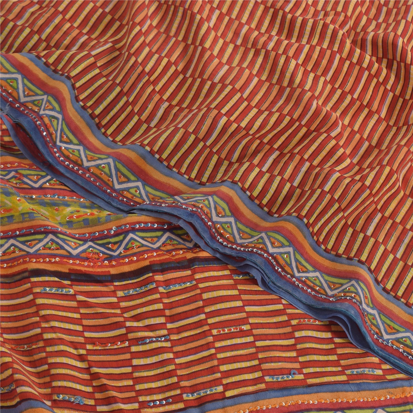 Sanskriti Vintage Sarees Orange/Yellow Embroidered Pure Crepe Print Sari Sustainable Fabric