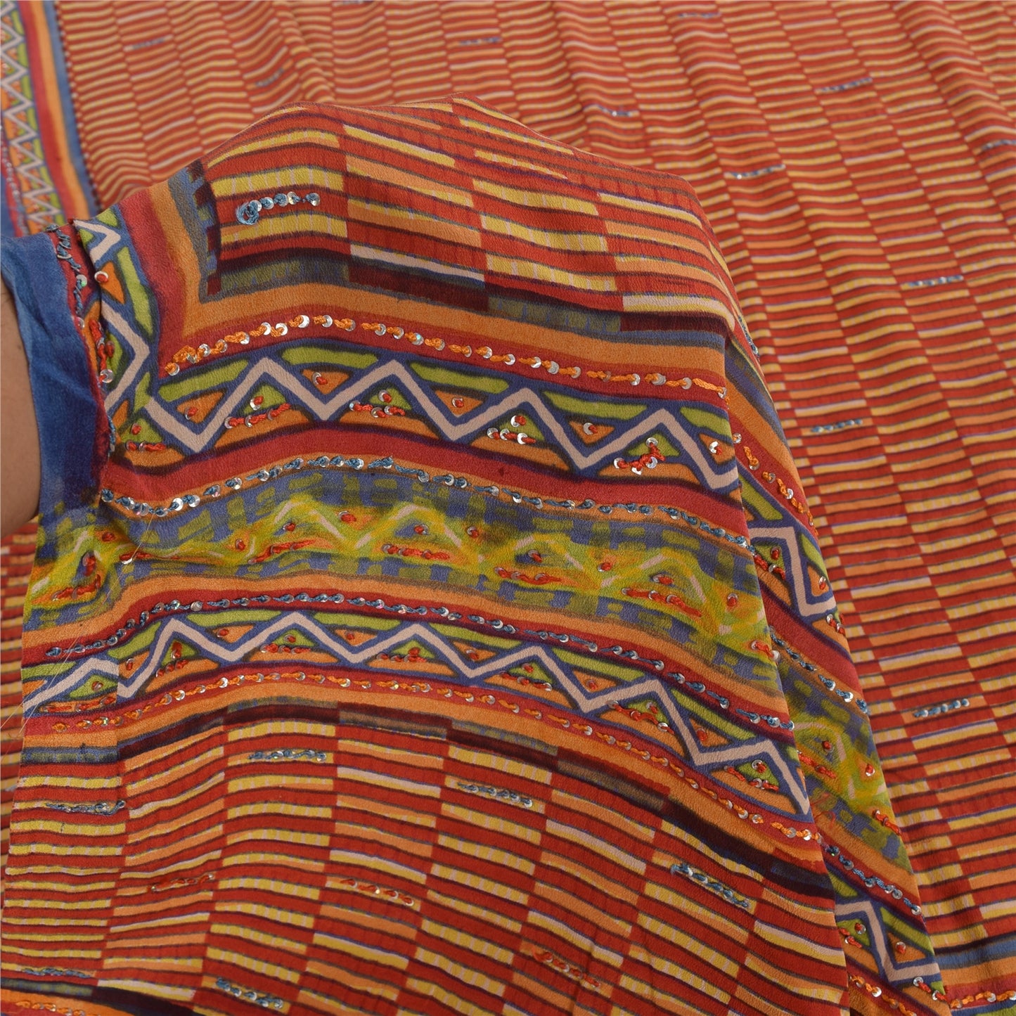 Sanskriti Vintage Sarees Orange/Yellow Embroidered Pure Crepe Print Sari Sustainable Fabric