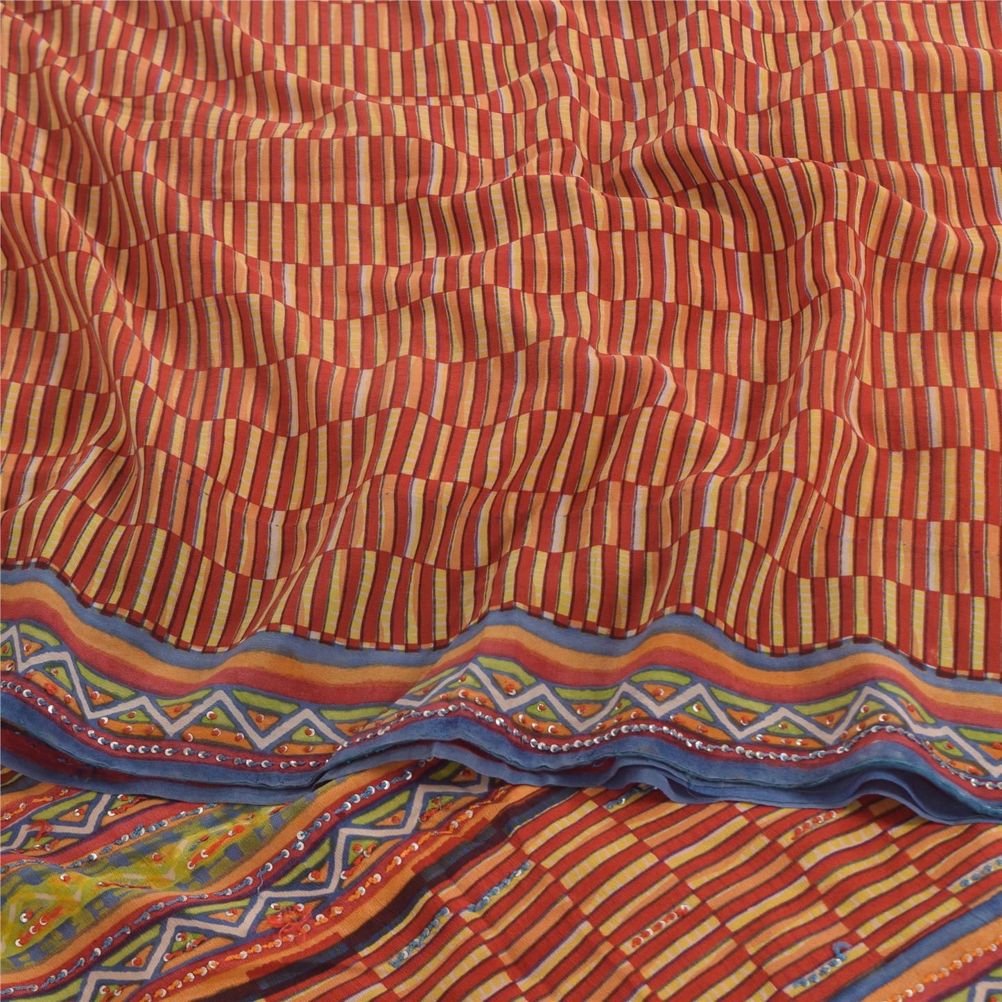 Sanskriti Vintage Sarees Orange/Yellow Embroidered Pure Crepe Print Sari Sustainable Fabric