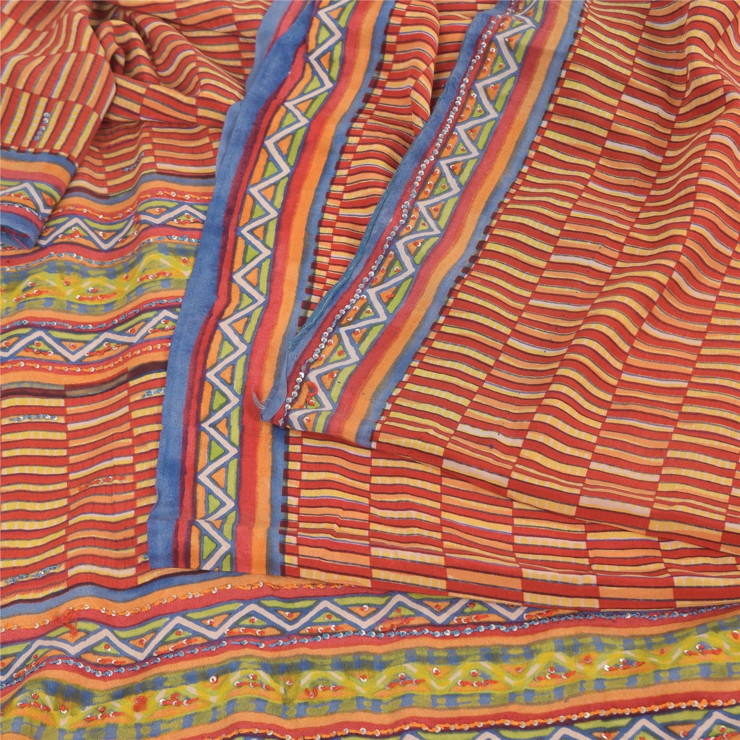 Sanskriti Vintage Sarees Orange/Yellow Embroidered Pure Crepe Print Sari Sustainable Fabric