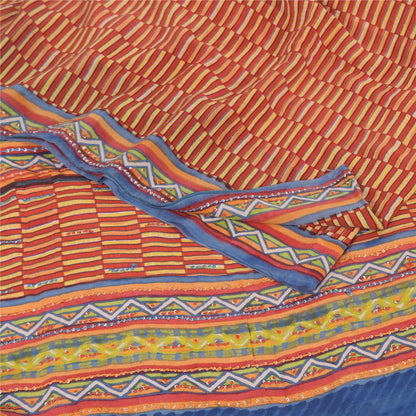 Sanskriti Vintage Sarees Orange/Yellow Embroidered Pure Crepe Print Sari Sustainable Fabric