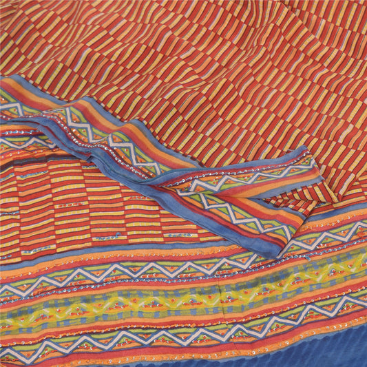 Sanskriti Vintage Sarees Orange/Yellow Embroidered Pure Crepe Print Sari Sustainable Fabric