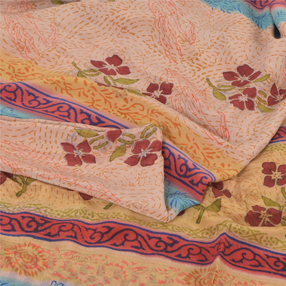 Sanskriti Vintage Sarees Peach 100%Pure Crepe Silk Printed Sari 5yd Craft Sustainable Fabric