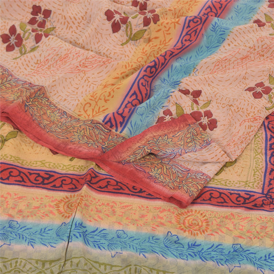 Sanskriti Vintage Sarees Peach 100%Pure Crepe Silk Printed Sari 5yd Craft Sustainable Fabric