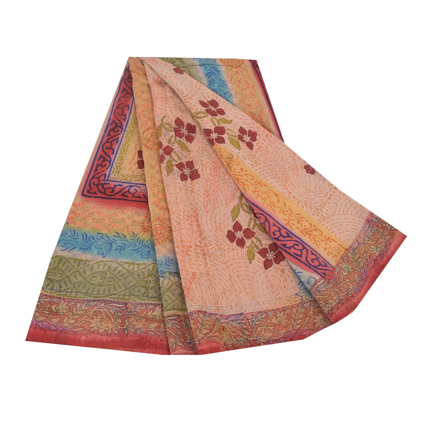 Sanskriti Vintage Sarees Peach 100%Pure Crepe Silk Printed Sari 5yd Craft Sustainable Fabric