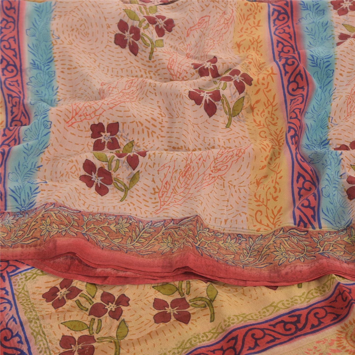 Sanskriti Vintage Sarees Peach 100%Pure Crepe Silk Printed Sari 5yd Craft Sustainable Fabric