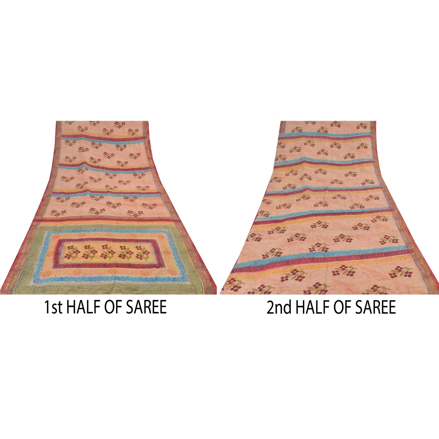 Sanskriti Vintage Sarees Peach 100%Pure Crepe Silk Printed Sari 5yd Craft Sustainable Fabric