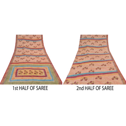 Sanskriti Vintage Sarees Peach 100%Pure Crepe Silk Printed Sari 5yd Craft Sustainable Fabric