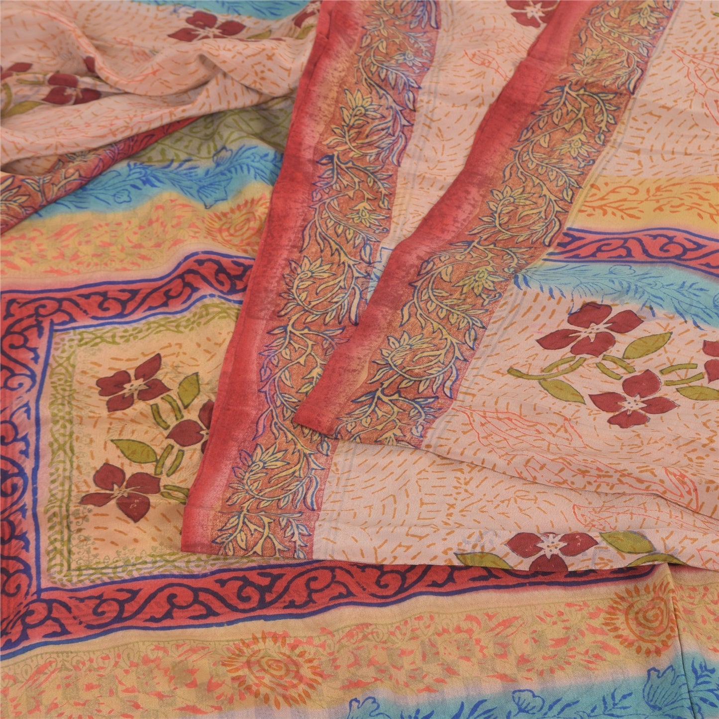 Sanskriti Vintage Sarees Peach 100%Pure Crepe Silk Printed Sari 5yd Craft Sustainable Fabric