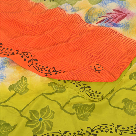 Sanskriti Vintage Sarees Multicolor Pure Crepe Silk Print Sari 5yd Craft Sustainable Fabric