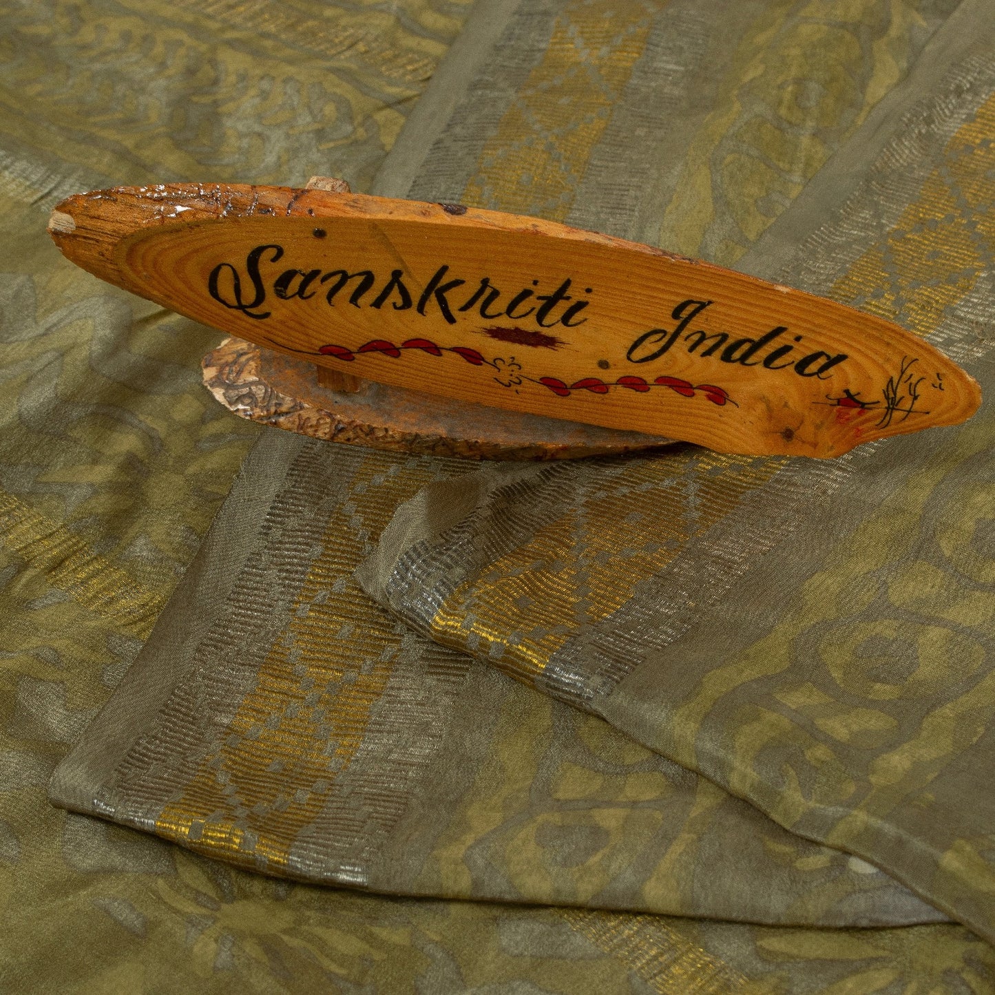 Sanskriti Vintage Saree Brown-Mustard Pure Crepe Abstract Print 5+YD Craft Sari