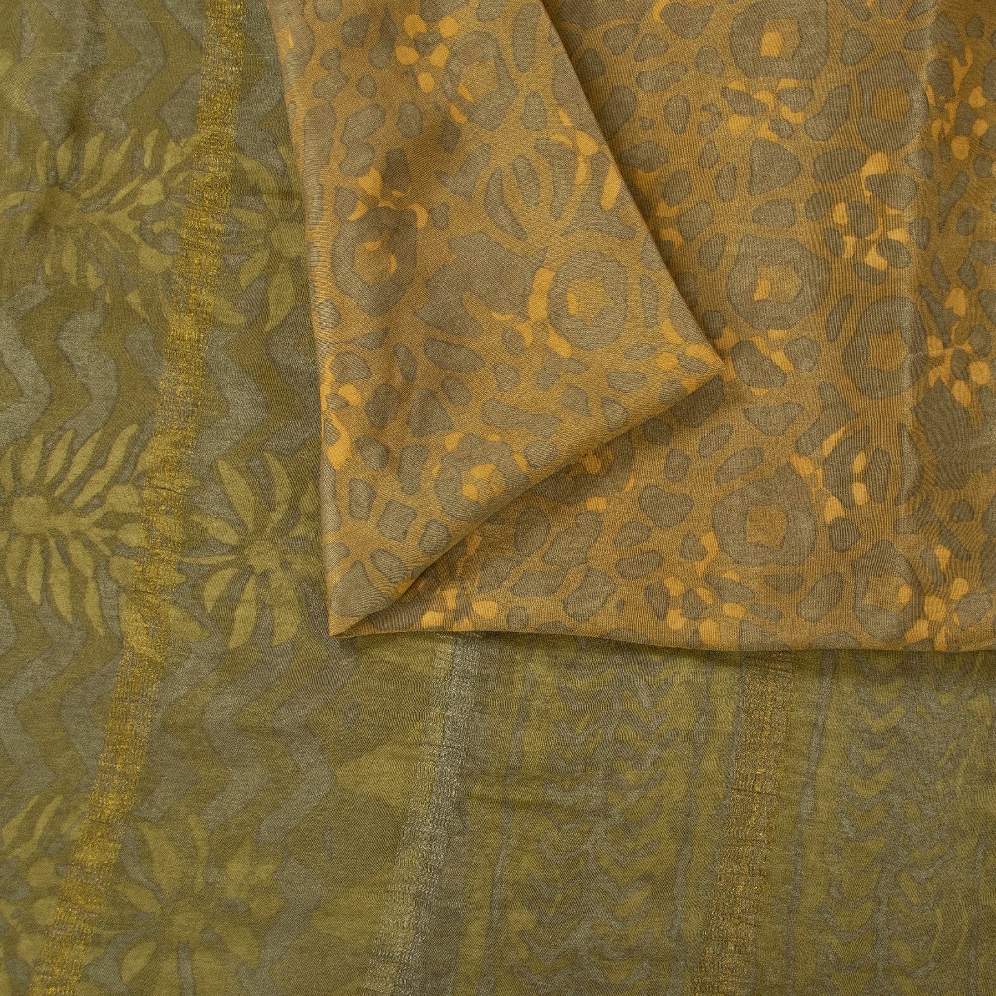 Sanskriti Vintage Saree Brown-Mustard Pure Crepe Abstract Print 5+YD Craft Sari