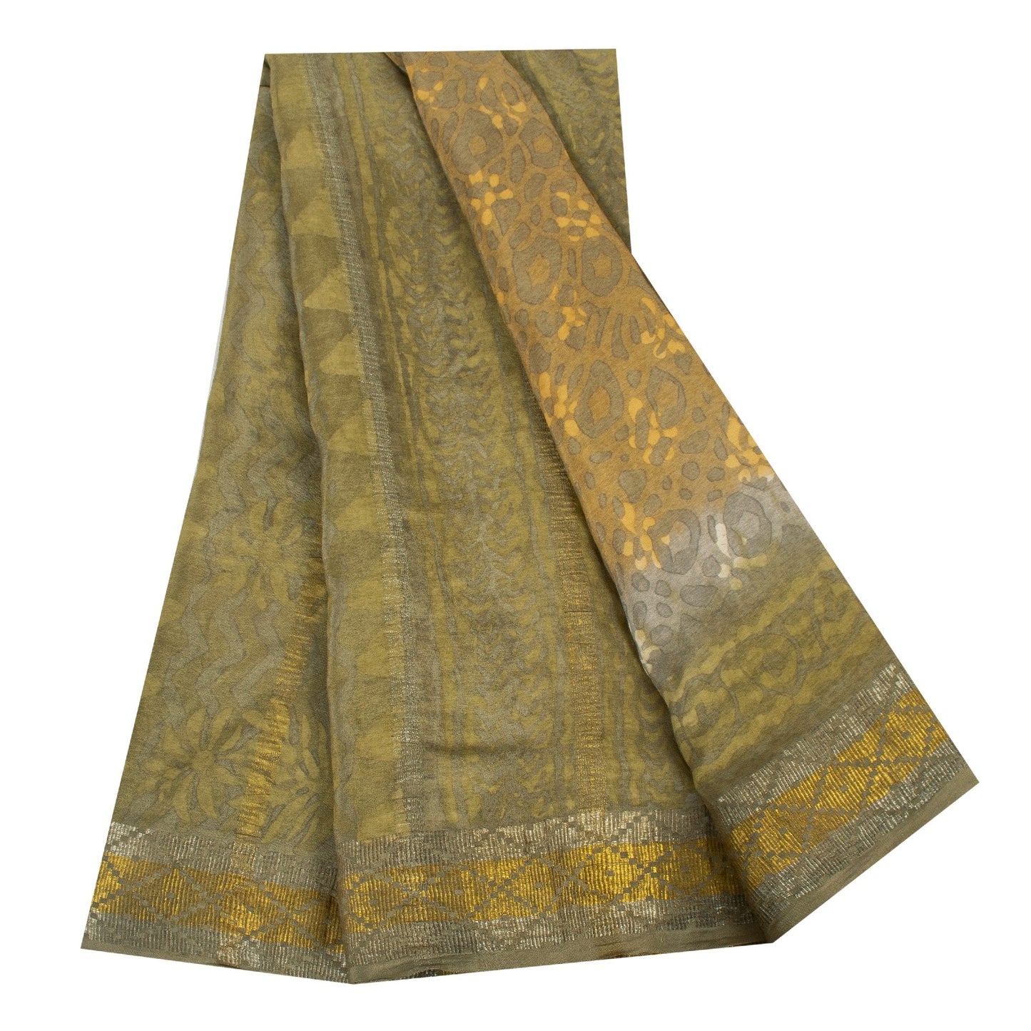 Sanskriti Vintage Saree Brown-Mustard Pure Crepe Abstract Print 5+YD Craft Sari