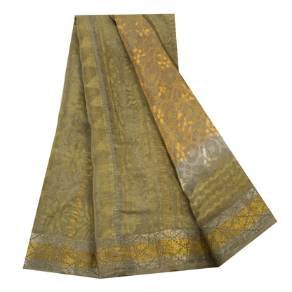 Sanskriti Vintage Saree Brown-Mustard Pure Crepe Abstract Print 5+YD Craft Sari