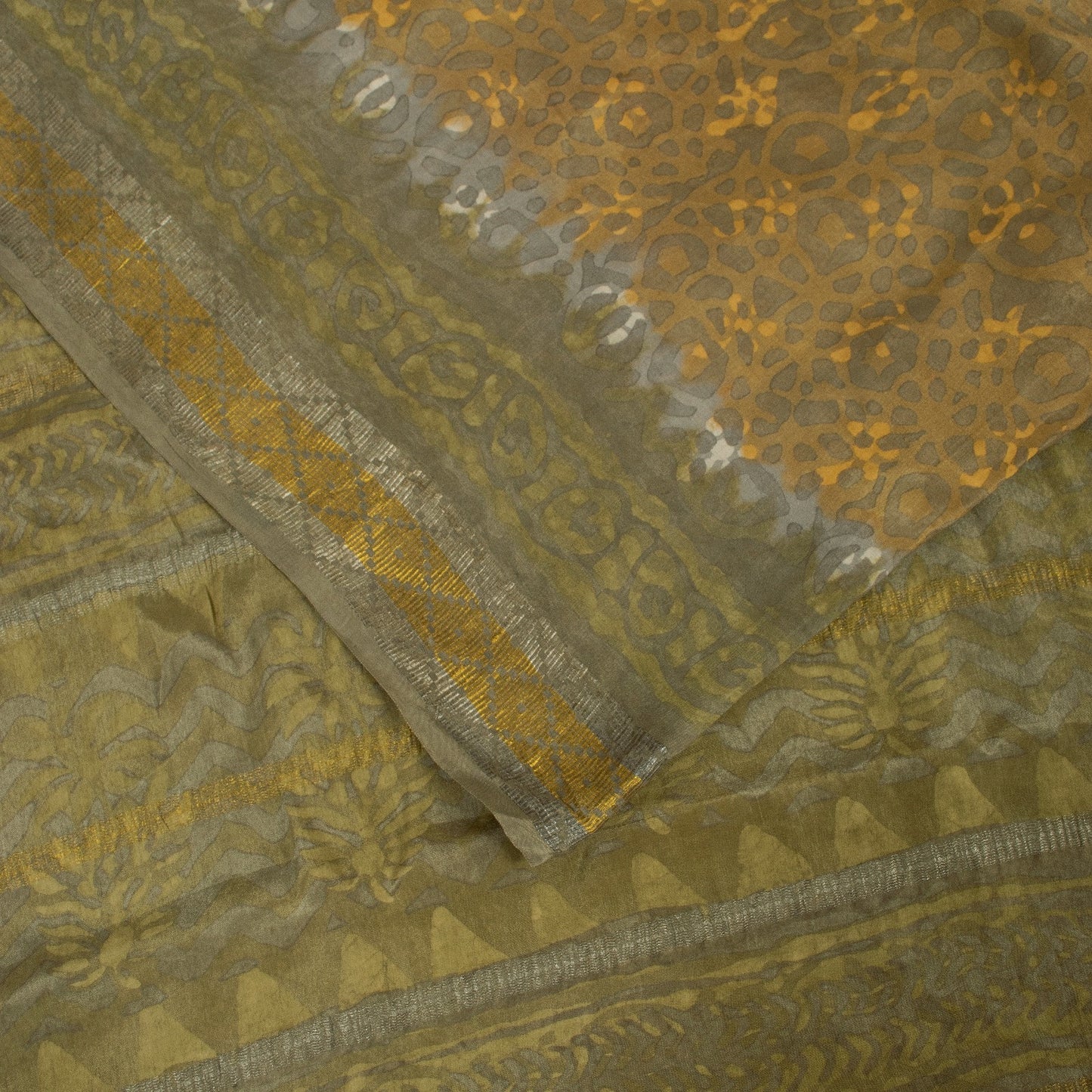 Sanskriti Vintage Saree Brown-Mustard Pure Crepe Abstract Print 5+YD Craft Sari
